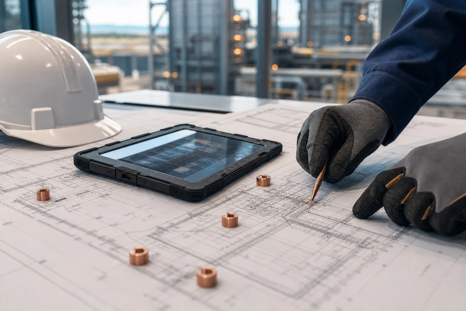 Strukturierte HSE-Prüfung mit technischen Zeichnungen und Tablet